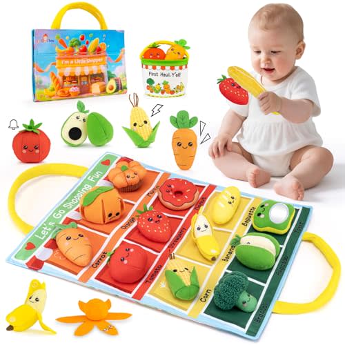 Montessori Baby Toys for 6-12-18 Months - My First Shopping Trip Baby Sensory Toys with Color Sorting Play Food, Crinkle & Rattle, Fine Motor Learning Toddler Toys for 1-2 Year Old Boy Girl Gifts