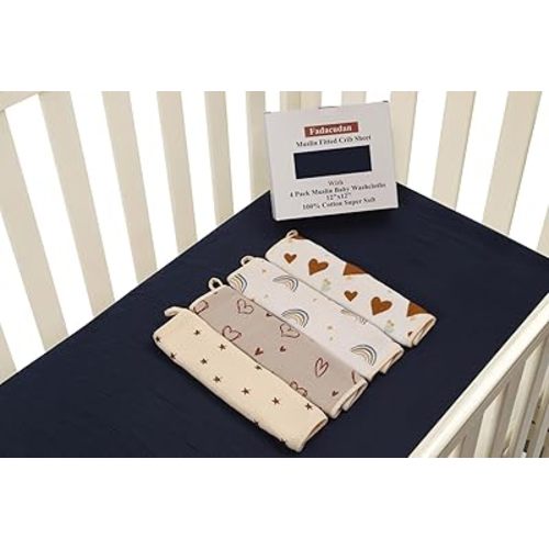 Fadacudan Muslin Fitted Crib Sheet with 4 Pack Muslin Baby Washcloths 12"x 12" Love Rainbow Stras,Cotton Stylish Boho Super Soft for Baby Roman Green