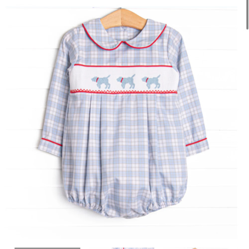 Plaid Pals Smocked Boy Bubble, Blue and Tan Plaid – Stitchy Fish