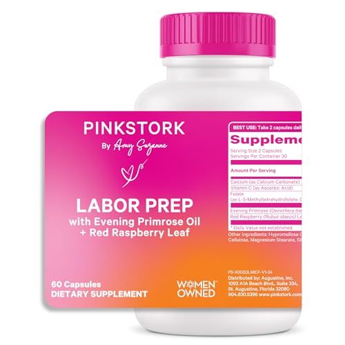 Pink Stork Labor Prep - Evening Primrose Oil Capsules with Red Raspberry Leaf Tea, Gentle Birth & Postpartum Care, Third Trimester Pregnancy Must Haves, 60 Capsules