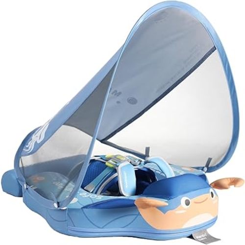 Mambobaby Float with Canopy Non Inflatable Baby Float Upgrade Add Tail Baby Pool Float with UPF 50+Sun Canopy Solid Swim Float No Flip Over for Infant Aged 3-24 Months, Crab Blue