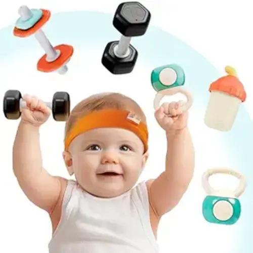 iPlay, iLearn Baby First Gym Rattle Set, Infant Dumbbell Weights Teething Rattles 3-6-12 Month, Newborn Workout Sensory Stroller Toy, Babies Birthday Shower Gift 5 7 8 9 10 Month Toddler Boy Girl-4PCS