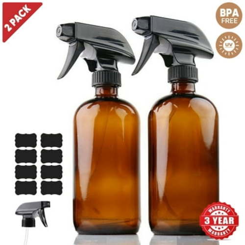 Empty Amber Glass Spray Bottles 2 Pack, 16 oz Durable & Refillable Amber Squirt Bottle for Cleaning Solutions - Essential Oil Spray Bottle w/Sturdy Mist, Stream Sprayer & Resistant Nozzle