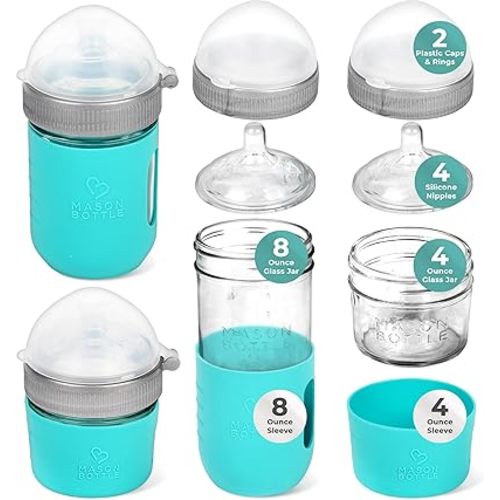 Mason Bottle Baby Glass Bottles Gift Set - Includes 8oz & 4oz Anti Colic Glass Baby Bottles, Slow & Medium Flow Nipples, Caps+Rings, Silicone Sleeves - BPA Free Glass Feeding Bottles for Babies