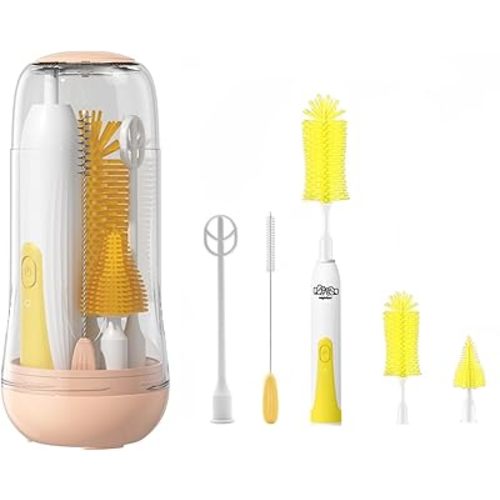Travel Electric Baby Bottle Brush Set with Electric Bottle Cleaner and Water Bottle Brush and Nipple/Straw Brush,Milk Frother and Drying Rack(Yellow)