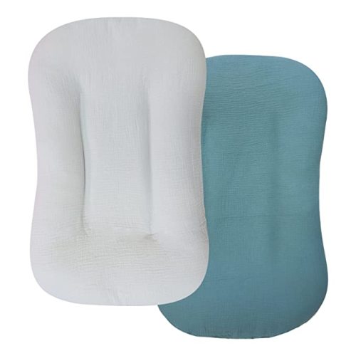 Hooyax Muslin Baby Lounger Cover 2 Pack, Organic Cotton Removable Slipcover for Newborn (Blue & Gray)