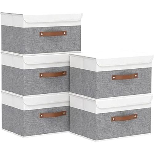 Yawinhe Collapsible Storage Bin, Cube Organizer Basket, Fabric Box with Lids, Washable and Leather Handle, for Home, Closet, White/Grey, 13.0''Lx9.0''Wx7.9''H, 5-Pack, SNK024WGS-5