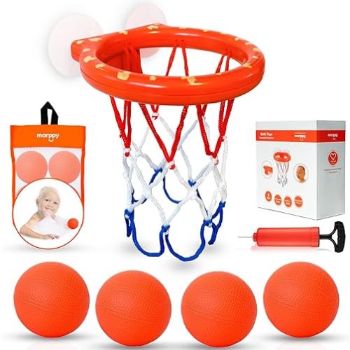 Bath Toys – Bathtub Basketball Hoop for Toddlers, Kids, Boys and Girls | 4 No-Hole Balls & Strong Suction Cups | Fun Basketball Bath Toy for Toddlers