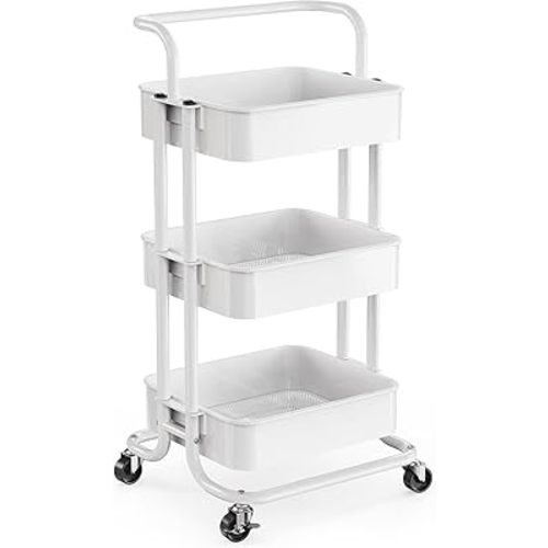 3-Tier Rolling Utility Cart, Multifunctional Metal Organization Storage Cart with 2 Lockable Wheels for Office, Home, Kitchen, Bedroom, Bathroom, Laundry Room by Pipishell (White)