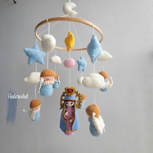 Catholic Baby Crib Mobile – Handmade Our Lady of Guadalupe Nursery Decor, Crochet Crib Lamp, Baptism Keepsake, Newborn Shower Gift Idea