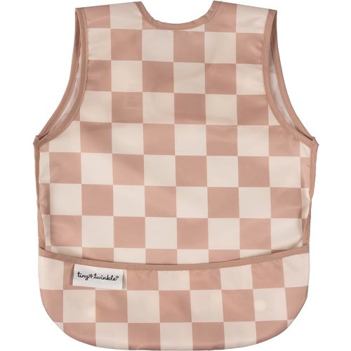 Tiny Twinkle Mess Proof Baby Bib - Waterproof Toddler and Baby Apron Bib - Machine Washable - PFAS and BPA Free - Small 6-24 Months - Brown Checkers