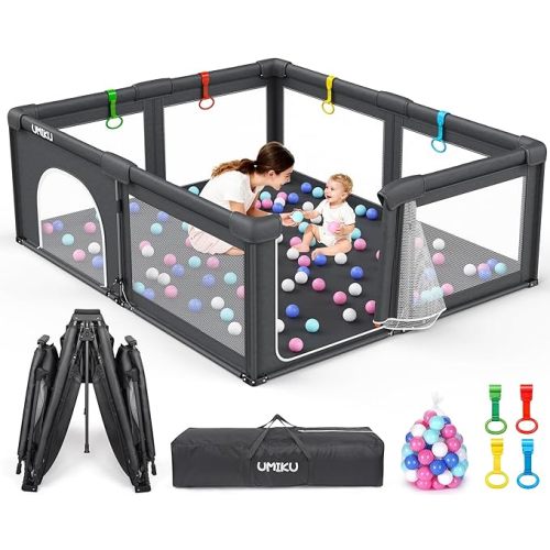 Baby Playpen Foldable Playpen for Babies and Toddlers, Large Playpens Portable Play Pen with 2 Doors Play Yard for Kids Fence Indoor Outdoor 4 Handlers 50 Balls Baby Gifts Essentials 50"X50" Dark Grey