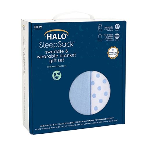 HALO Sleepsack Swaddle 3-6 Months and Wearable Blanket 6-12 Months 100% Organic Cotton 2-Piece Gift Set with Box, TOG 1.5, Chambray