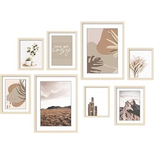 ArtbyHannah Gallery Wall Frame Set for Stairway, Neutral Wood Picture Frames Collage Wall Decor for Living Room, Entry, 8 Pack Assorted Size-11"x14", 8"x10", 6"x8"
