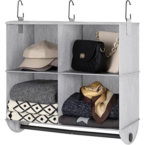StorageWorks Hanging Closet Organizer with Metal Rod, 4-Section Closet Organizers and Storage, Collapsible Hanging Shelves for Closet, Bedroom, Kids Dorm Room, RV Camper, Gray and White