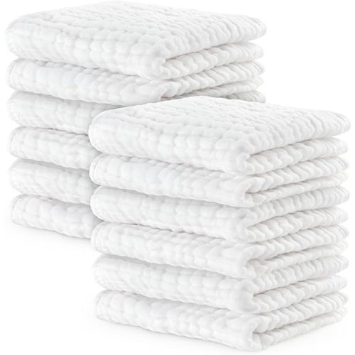 Comfy Cubs Muslin Baby Washcloths 10 Pack - Soft 6-Layer Cotton Wash Cloths for Sensitive Skin - 25 x 25 cm Large, Gentle, Absorbent Infant Essentials for Newborn and Toddlers - White