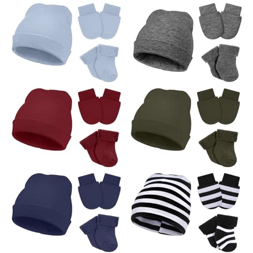 Toulite 6 Pack Preemie Hats Mittens and Socks Set Cotton Preemie Beanie Hat Socks and No Scratch Mittens
