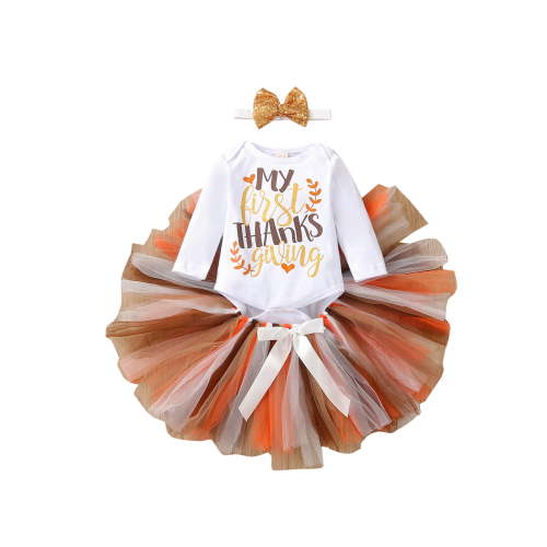 Kiapeise My First Thanksgiving Baby Girls Outfits Long Sleeve Letter Romper Tops +Tulle Tutu Skirt+Headband