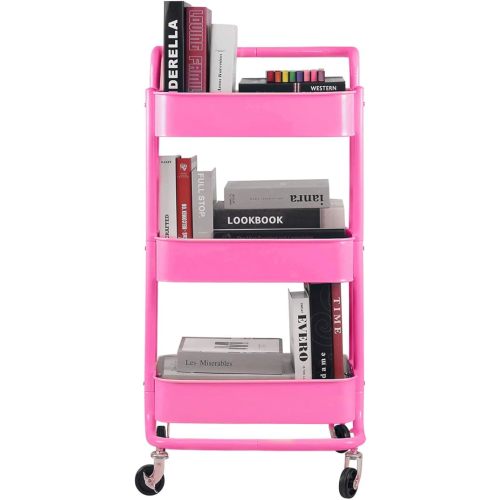 3-Tier Metal Mesh Rolling Cart Storage Organizer with Utility Handle and Wheels, Pink