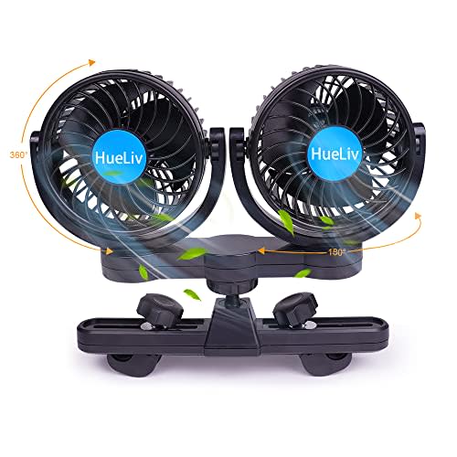 HueLiv Car Fan 12V Brushless for Rear Seat Passenger with Cigarette Lighter,Electric Cooling Fan with 360°Rotatable Dual Head,Powerful Silent, Summer Cooling for Car Truck Van SUV RV Boat