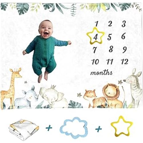 Baby Milestone Blanket Monthly Forest Boho Safari Lion Elephant Rhino Giraffe for boy Girl Newborn Growth Chart Tracker Photography Background Newborn Photo Prop Months Blanket