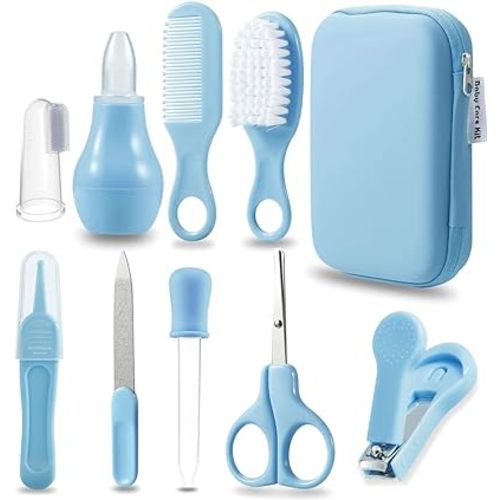 PandaEar Baby Grooming Kit, Baby Care Set Baby Comb, Brush, Finger Toothbrush, Nail Clippers, Scissors, Baby Essentials Nursery Care Kit (Blue)