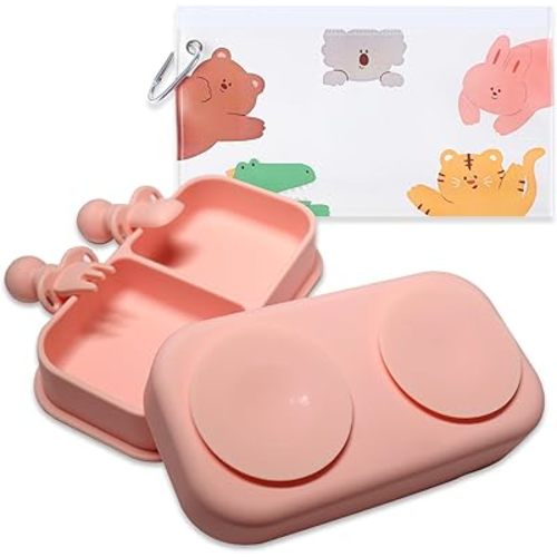 Travel Baby Suction Plate To Go, Portable Silicone Suction Plate Set for Toddler, Baby Divided Bowls with Utensils, Compact Design for Travel and Outdoor, Microwave & Dishwasher Safe