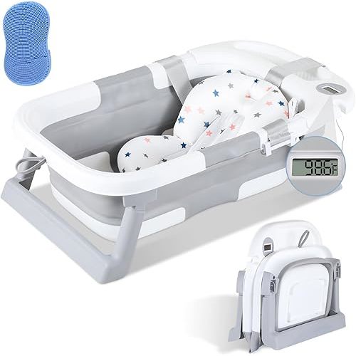 Collapsible Baby Bathtub, Portable Travel Baby Bath Tub with Thermometer & Soft Cushion, Foldable Bathtub for Newborn to Toddler 0-36 Month, No-Slip Hanging Durable Tubs wih a Cradle Cap Brush