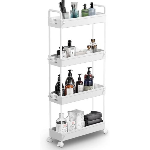 SOLEJAZZ Slim Rolling Storage Cart with Wheels 4 Tier Skinny Bathroom Storage Organizer Narrow Shelf Unit Thin Laundry Room Utility Cart for Bedside Kitchen Office Next to Fridge Small Places, White