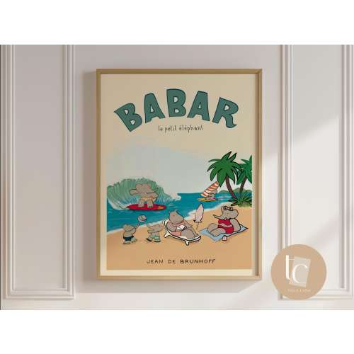 Babar at the beach summer time nursery wall art retro kids decor quote wall art genre neutral baby wall art illustration nursery print