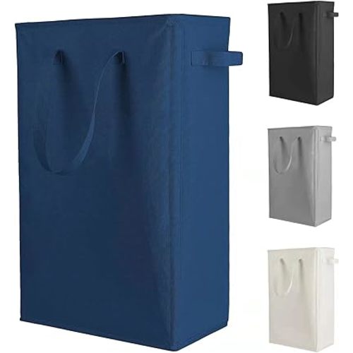 Odonata Slim Laundry Hamper Handles Collapsible Laundry Basket Thin Dirty Clothes Basket Narrow Laundry Bag Foldable Dirty Hamper 45L (Navy blue)