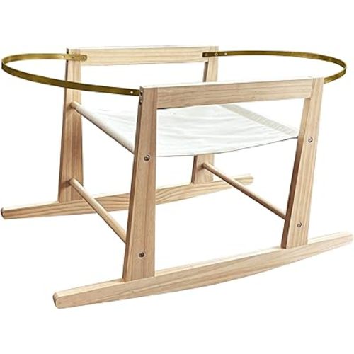 Wooden Rocking Basket Stand Compatible with Moses Baskets for Newborns, Locking Mechanism & Adjustable Strap, Natural Wood, 35" x 18.5" x 19", Basket Not Included