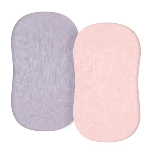 TILLYOU Muslin Bassinet Sheet - Ultra Soft Cotton Material, Skin Friendly Bassinet Fitted Sheet for Baby, Fit for Rectangle, Round, Oval, Hourglass Mattress,33"x16",Light Purple&Light Pink