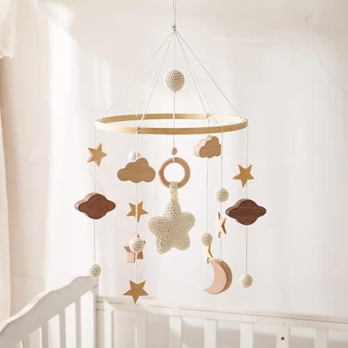 Baby Crib Mobile for Boys Girls, Gender Neutral Hand-Crocheted Mobile, Boho Nursery Mobile, Shower Set for Infant Bedroom Hanging DecorationCeiling Mobile - Moon, Stars, Clouds (Galaxy Crib Mobile)