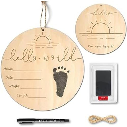 Baby Birth Announcement Sign with Marker Pen, Wooden Hello World Newborn Sign with Ink Pad for Baby Hand and Footprints, Double-sided Newborn Announcement Sign for Baby Shower Photo Prop Keepsakes
