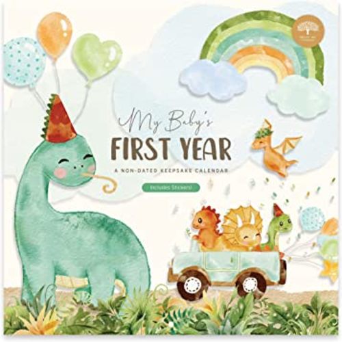 Baby's First Year Calendar by Bright Day - 1st Year Tracker - First Year Book - Journal Album to Capture Precious Moments - Milestone Keepsake for Baby Girl or Boy, Dinosaur