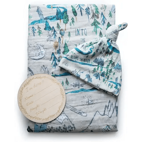 Miaoberry Organic Muslin Baby Boy Swaddle Blanket and Hat Set Newborn Unisex Neutral| Adventure Awaits| Boho Mountain Forest |Photo Props Birth Announcement Card