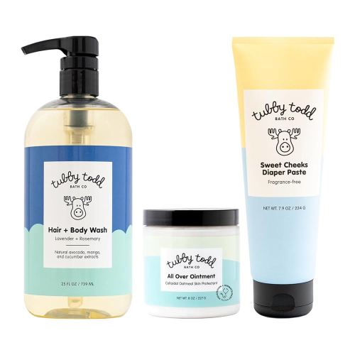 TUBBY TODD Baby Bundle Newborn Skin Care Set - Hypoallergenic Hair + Body Wash, All Over Ointment with Colloidal Oatmeal, Sweet Cheeks Diaper Paste - Lavender Rosemary, Full Size