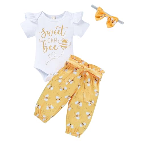 GRNSHTS Infant Baby Girl Bumble Bee Clothes Letter Print Romper Honey Bees Pants Bowknot Headband Outfits Set