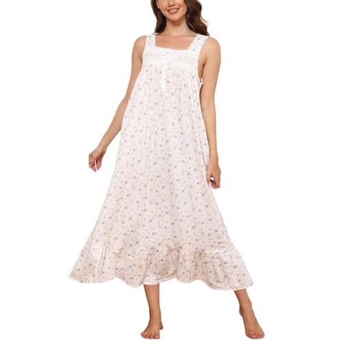 Rubehoow Nightgown Women's Sleeveless House Dress Long Cotton Button Down Nightdress Soft Ladies Sleepwear with Pockets