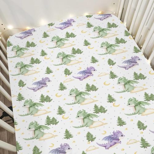 Fantasy Dragons Baby Crib Sheets for Boy Girl 28"x52" Fairytale Dragon Stars Trees Moon Clouds Soft Snug Fitted Crib Mattress Cover Cute Animal Nursery Baby Sheet for Crib & Toddler Bed Mattresses