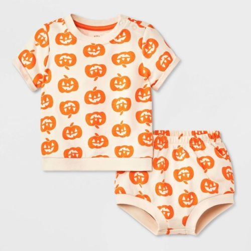 Baby 2pc Halloween Pumpkin T-Shirt & Bloomer Set - Cat & Jack™ Cream Newborn