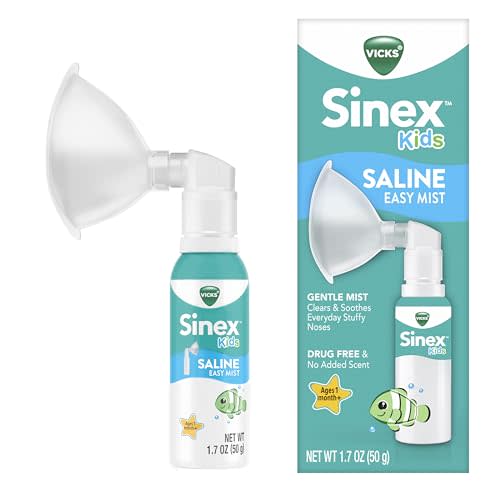 Vicks Sinex Kids Saline Easy Mist, Drug Free Saline, Ages 1 Month+, Gently Clears and Soothes Everyday Stuffy Noses, Safe for Daily Use, 1.7 OZ
