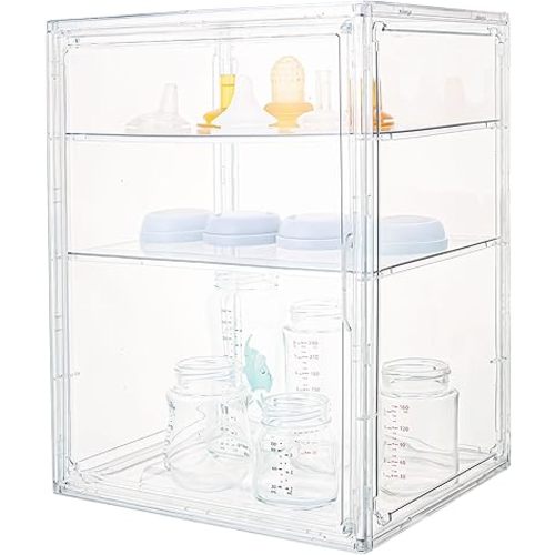 yanyoyo Baby Bottle Storage Organizer - 3 Tier Acrylic Storage Containers with 2 Removable Dividers, Clear Adjustable Baby Bottle Station Organizer for Countertop Cabinet, BPA-Free (3 Layer, Clear)