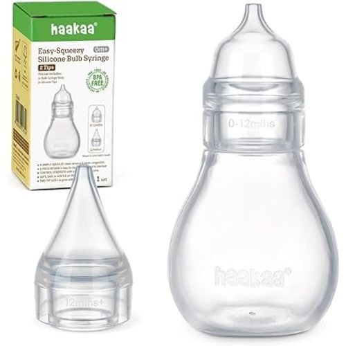 Haakaa Silicone Baby Nasal Aspirator | Nose Bulb Syringe | Easy-Squeezy Baby Nose Cleaner, 0m+ Newborn Infant &Toddler - BPA Free Silicone-2 Tips