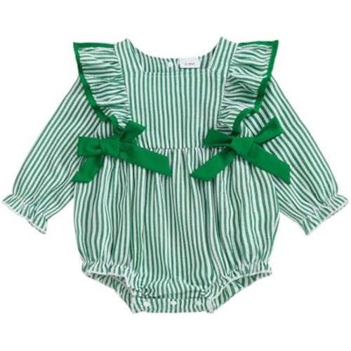 Sasaerucure Newborn Baby Girl Fall Outfit Striped Ruffle Long Sleeve Romper Bodysuit Smocked Bubble Clothes
