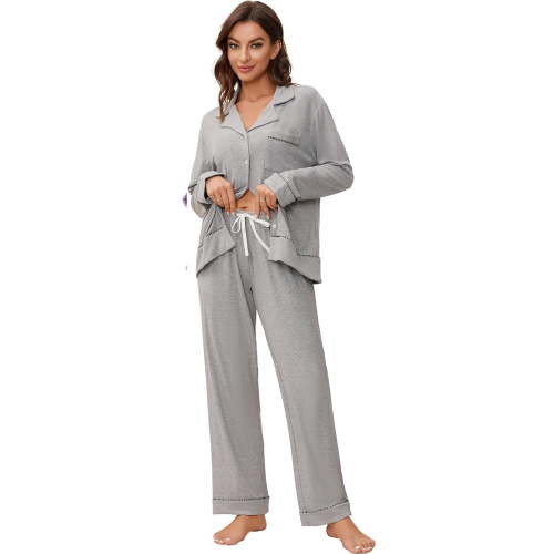 HEARTNICE Women Pajama Sets, Button Up Long Sleeve knit Sleepwear Soft Lounge Pjs,(Light Grey Mel,M)