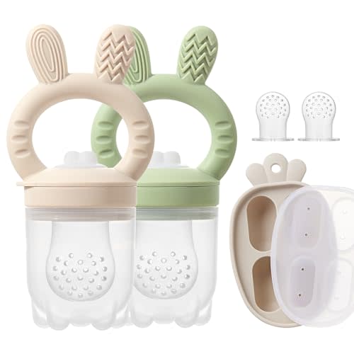 KIAANS Silicone Baby Fruit Feeder with Freezer Tray Baby Food Feeder Popsicle Molds for Teething Relief Includes Extra Food Pouches (Beige+Olive)