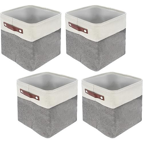Fabric Cube Storage Bins 4 Pack - 10 x 10in White/Gray Foldable Storage Cubes for Organization