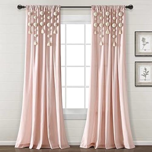 Lush Decor Boho Pom Pom Tassel Linen Window Curtain Panel (Single Panel), 84" L x 52" W, Blush